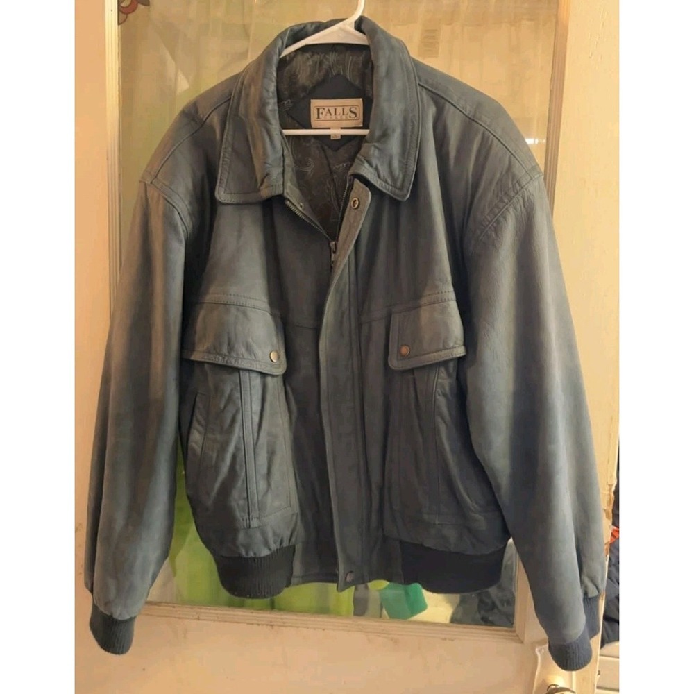 Vintage Falls Creek 100% Genuine Leather Jacket Mens Sz Large Zip Up Patterened